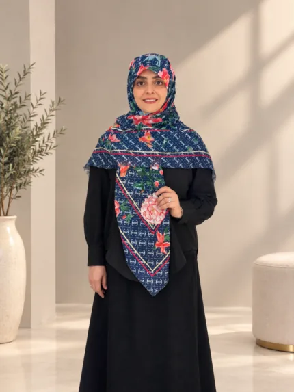 روسری سیا اسکارف طرح گل سرمه ای صورتی