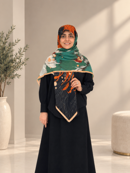 روسری سیا اسکارف طرح گلبرگ نارنجی